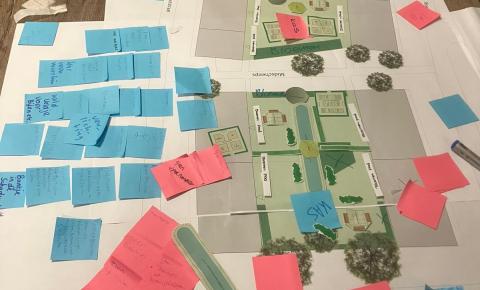 Map of a communal garden with sticky notes and garden elements