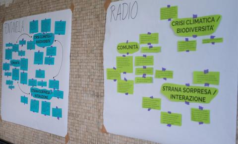 Two posters collecting post-its with ideas for activities in the Biodiversity Kiosk.