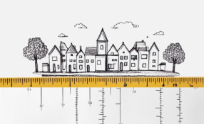 Eine illustrierte Stadt mit unterlegtem Maßband.