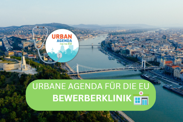 Compact Cities Foto gemeinsam mit dem Schriftzug "Urbane Agenda für die EU - Bewerberklinik"