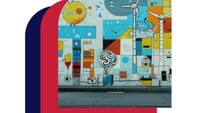 Mural auf einer Wand von Windrädern und einer Stadt im kubistischen Stil