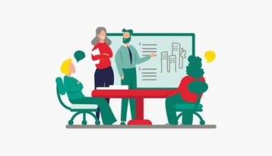 Personen um einen Tisch, die Ergebnisse auf einem Whiteboard diskutieren.